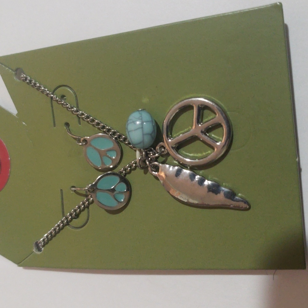 Boho Silver Peace Charm Necklace & Turquoise Accent Earrings – Artisan Jewelry - Picture 4 of 8